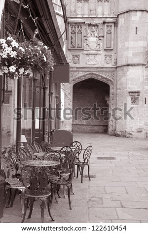 Penniless Porch and Cafe Tables, Wells, England, UK