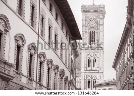 Bell Tower of Duomo Cathedral Church, Florence; Italy in Black and White Sepia Tone