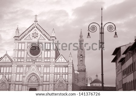 Santa Croce Church Tower and Lamppost, Florence, Italy in Black and White Sepia Tone