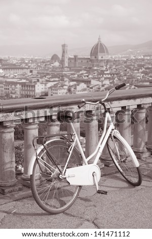 View of Doumo Cathedral Church with Bicycle in Florence, Italy in Black and White Sepia Tone