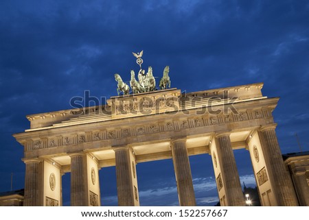 Quadriga Sculpture by Gottfried on Brandenburger Gate; Berlin; Germany; Europe Illuminated at Night