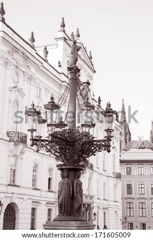 Old Lamppost Design by Vesely (1868); Prague; Czech Republic; Europe in Black and White Sepia Tone