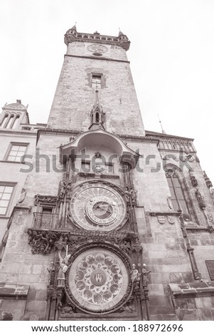 Astronomical Clock by Hanus (1490) and Old Town Hall Tower; Stare Mesto Neighborhood; Prague; Czech Republic in Black and White Sepia Tone