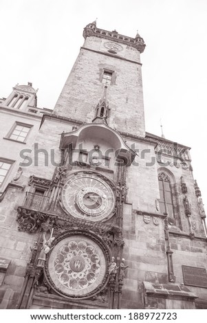 Astronomical Clock by Hanus (1490) and Old Town Hall Tower; Stare Mesto Neighborhood; Prague; Czech Republic in Black and White Sepia Tone
