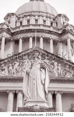 Queen Victoria Memorial Statue outside City Hall, Belfast (1906), Northern Ireland in Black and White Sepia Tone