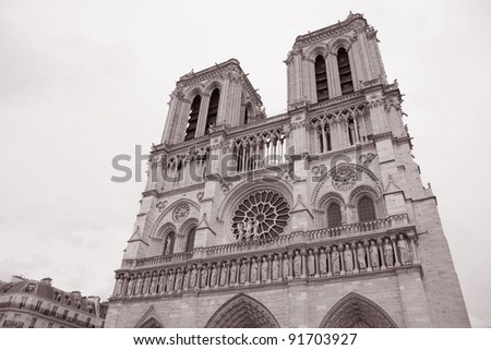 Notre Dame Cathedral in Black and White Sepia Tone in Paris, France