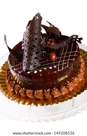 Chocolate cake on a glass platter
