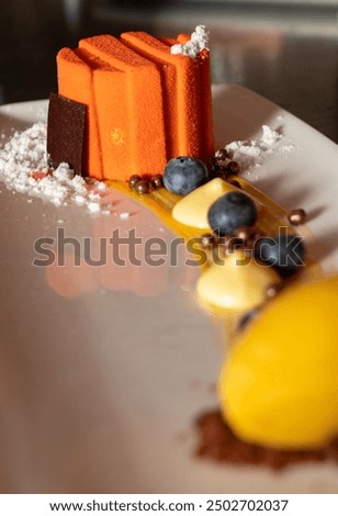 Similar – Image, Stock Photo Tasty high cuisine dessert with ice cream and strawberry