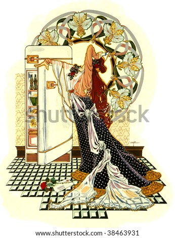Art nouveau illustration of a woman stressed and heading for the refrigerator for comfort food.