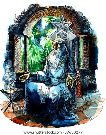 Old wizard man sitting in his meditation chair, meditating.  A pen and ink drawing with watercolor wash.