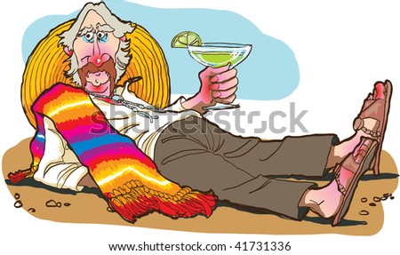Cartoon of man lying in the sun, drinking a margarita