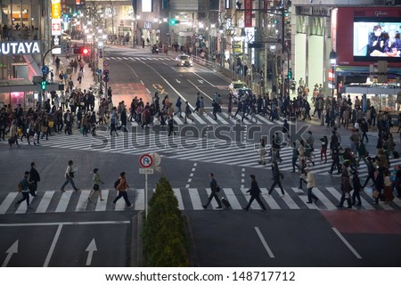 TOKYO, JAPAN - CIRCA APRIL, 2013: Shibuya Crossing is famous place for scramble crossing on circa April, 2013 in Tokyo, Japan. All vehicles stop when pedestrians cross intersection in every direction