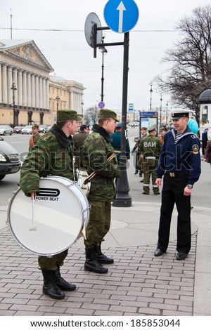SAINT-PETERSBURG, RUSSIA - May 5, 2011: Musicians soldiers with music instruments walk on the central streets during celebration of Victory Day, May, 9