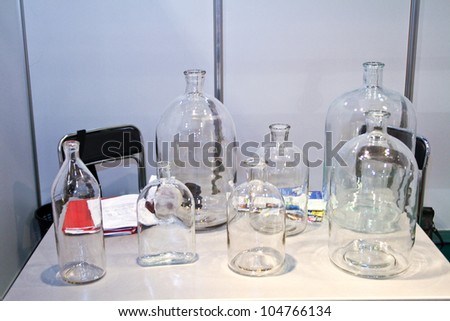 MOSCOW-APRIL 27: Glass bottles at the international exhibition of pharmacy not medicinal assortment Parapharmexpo on April 27, 2011 in Moscow