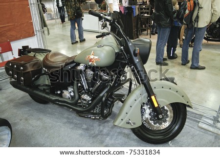 MOSCOW - APRIL 1: Indian Chief Bomber motorcycle at the Moscow specialized Exhibition  of motor cycling industry in Russia on April 1, 2011 in Moscow, Russia