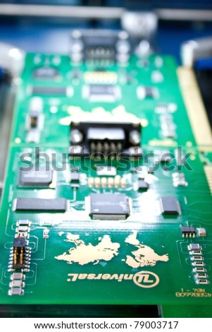 MOSCOW - APRIL 19: PCB with an image of the continent at the international exhibition of  electronic industry ExpoElectronica, ElectronTechExpo, LEDTechExpo on April 19, 2011 in Moscow