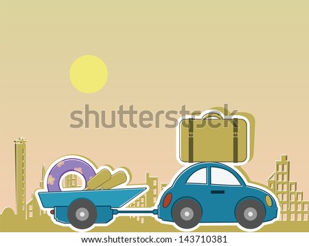 passenger car with a caravan and a load of for recreation travels on city background