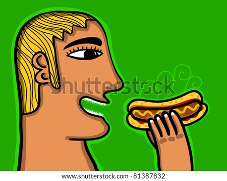 Man Eat A Hot Dog Stock Vector Illustration 81387832 : Shutterstock