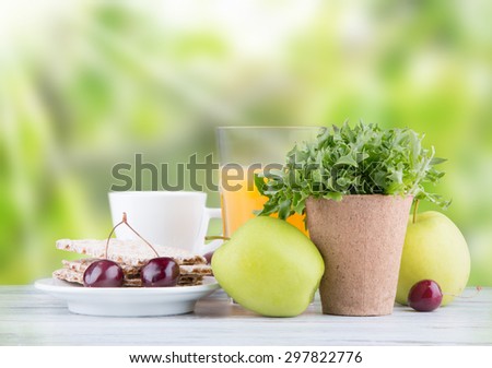 Fresh juice orange and coffe cup,Healthy drink on wood, breakfast concept, Nature fruits