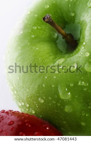 fresh green and red apples in big close up