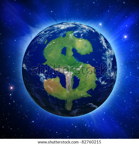 Planet Earth with dollar sign shaped continents and clouds over a starry sky.\
\
\
\
Portions of the star field from http://visibleearth.nasa.gov.\
\
Clouds and land textures from http://shadedrelief.com.