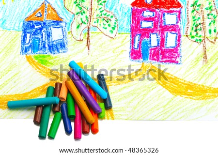 Wax crayons and made their children's drawing on a white background, isolated.
