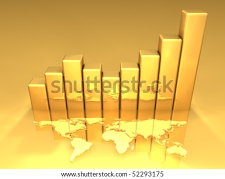 3D gold growth graph with world map. All in gold.