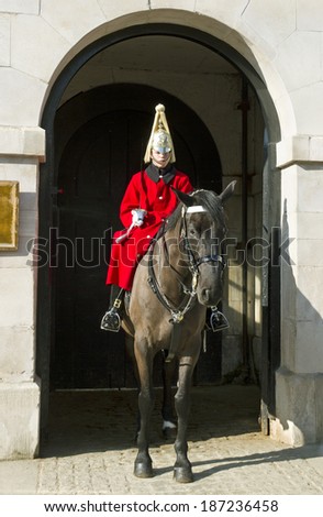 LONDON, UK -MARCH 9: Members of the Queen\'s Horse Guard on duty. Horse Guards Parade, London on March 9,  2014.
