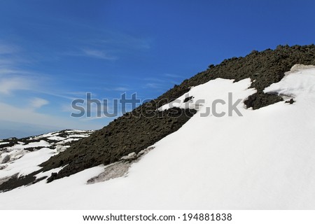Etna mountain landscape, volcanic rock and snow.