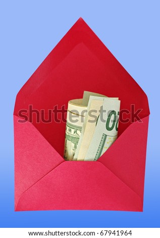 Abstract red house-envelope with dollars on the blue background.