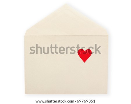 Old envelope isolated on the white  background and heart, with clipping paths.