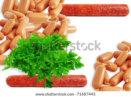 Sausages on a white background with green parsley, square format.