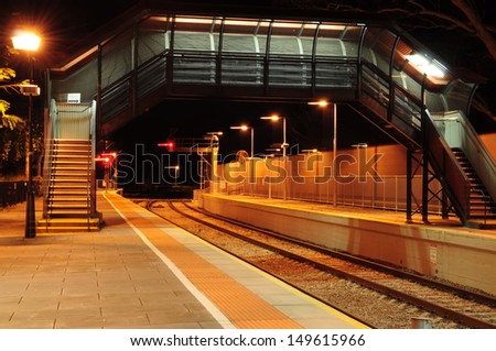 Empty Train Station at Night. Pedestrian walkway