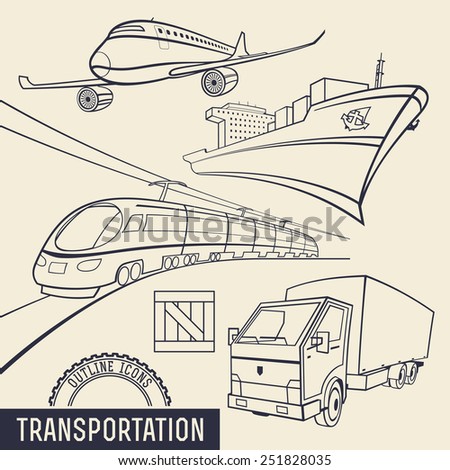 Transport outline icons set. Air, sea, rail and ground transportation