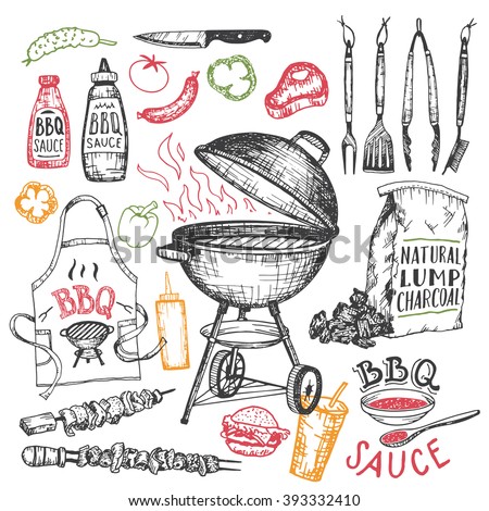 Barbecue grill hand drawn elements set isolated on white background. Cookout BBQ party. Sketch of barbecue charcoal kettle grill with tools and foods