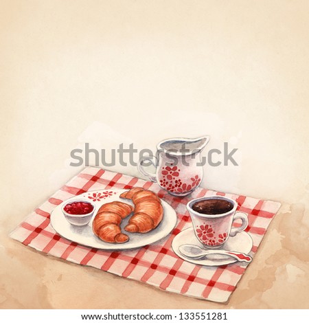 Watercolor illustration of breakfast with croissants and coffee