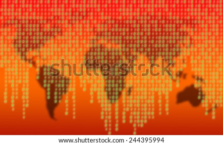 Binary code on red with world map in the background