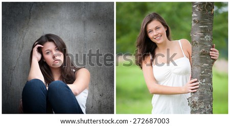 Emotion concept, two portraits of the same model, left photo: sad and depressed, right photo: positive and happy