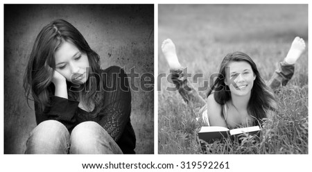 Emotion concept, two portraits of the same young woman, left photo: sad and depressed, right photo: positive and happy, monochrome photos
