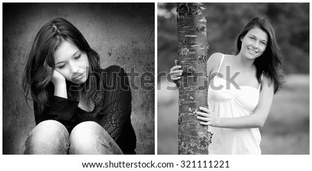 Emotion concept, two black and white portraits of the same model, left photo: sad and depressed, right photo: positive and happy, monochrome photos