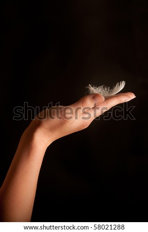 White feather on the slender hand of a woman