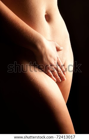 Beautiful naked woman covering herself with her hand in front of black background
