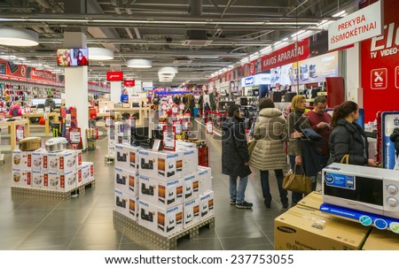 VILNIUS, LITHUANIA - DECEMBER 13, 2014: Elektromarkt consumer electronics  store in xmas Panorama hyper market. Is the  largest seller of equipment  was founded in 1994