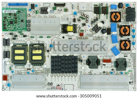 VILNIUS, LITHUANIA - AUGUST 05, 2015: Modern printed-circuit board of the powerful power supply for LG Electronics brand TVs. In 2014 more than 83 million of units of LG Smart TV were sold