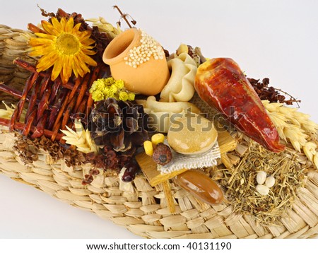 The Ukrainian talisman which calls riches and a prosperity in the house. It is possible to see a tiny fence, a sunflower, a jug, bread, pelmeni, pepper, eggs, a nest, the mouse and other things.