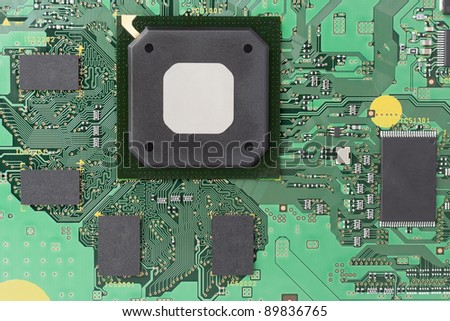 Scheme  of modern high frequency control  electronic memory concept background. Mass production circuit board macro selective focus