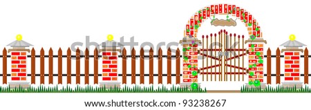 Long abstract village rural fence  and metal gates from red bricks  and wooden planks. Isolated