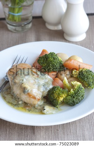 Pan-fried chicken breast with creamy basil sauce and vegetables