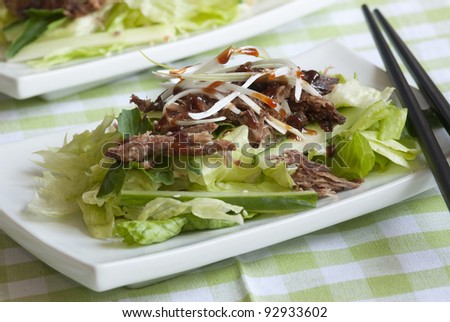 Crispy duck with iceberg lettuce, cucumber and hoisin sauce on a plate