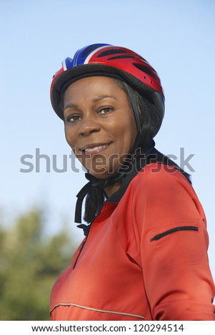 Portrait of an African American middle aged woman wearing helmet